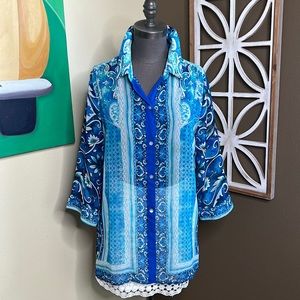 CHICO’S floral button up Tunic lightweight see-through blouse, blue & turquoise